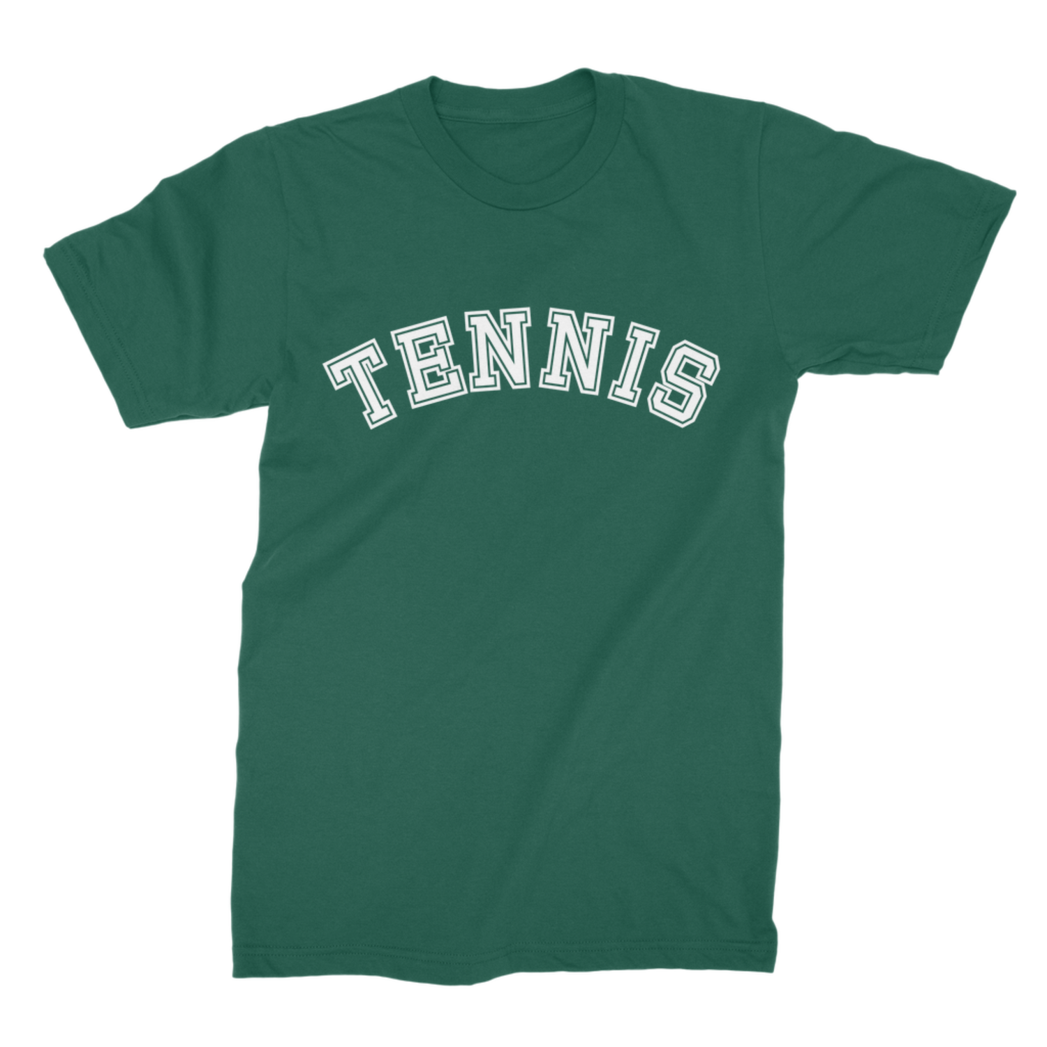 Dark green adult T-shirt with a white varsity-style Tennis slogan across the chest.