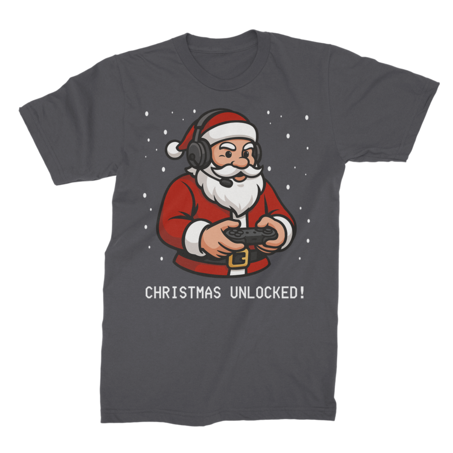 Adult dark grey festive gamer tee showing a snowy Santa gaming graphic and “Christmas Unlocked!” slogan