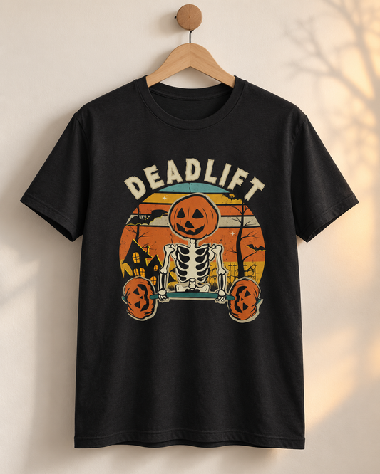 Black adult Deadlift Halloween T-shirt with a pumpkin skeleton design displayed on a wooden hanger.