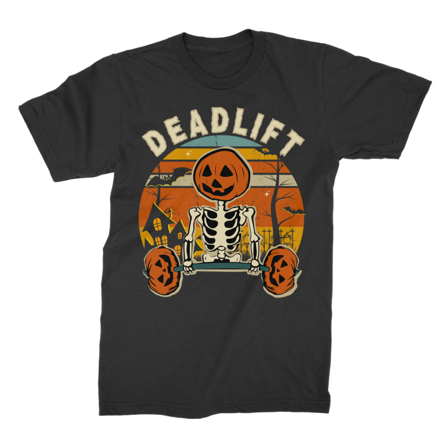 Black adult Deadlift Halloween T-shirt featuring a pumpkin-headed skeleton lifting jack-o’-lantern weights.