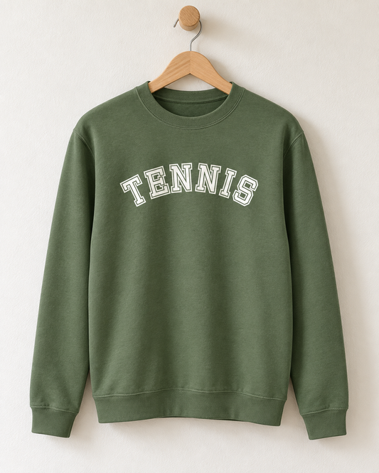 Earthy green unisex tennis sweatshirt hanging on a wooden hanger with white collegiate block lettering across the chest.