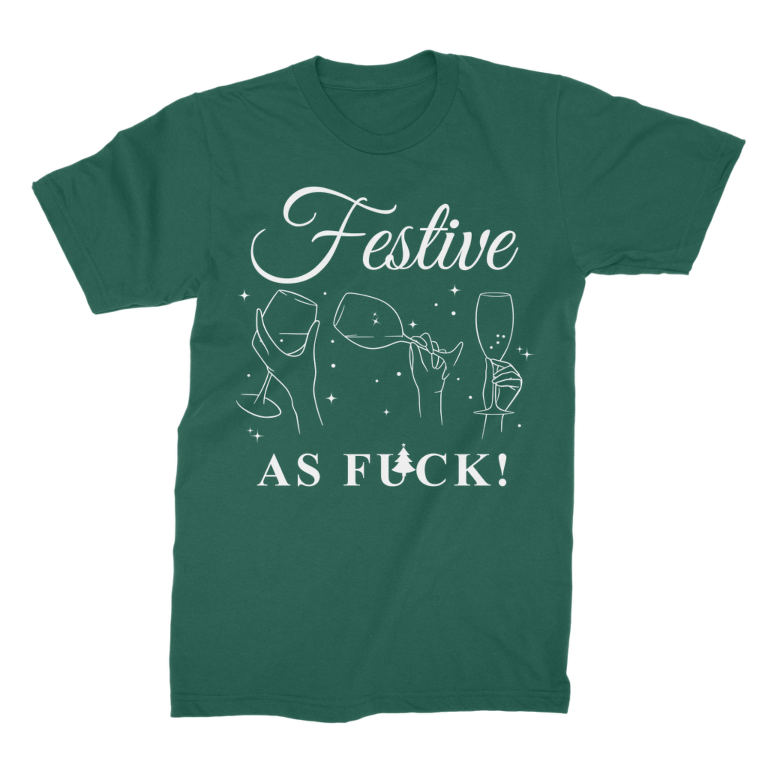 Dark green Christmas t-shirt for adults with white clinking drinks line-art print and cheeky holiday slogan laid flat.