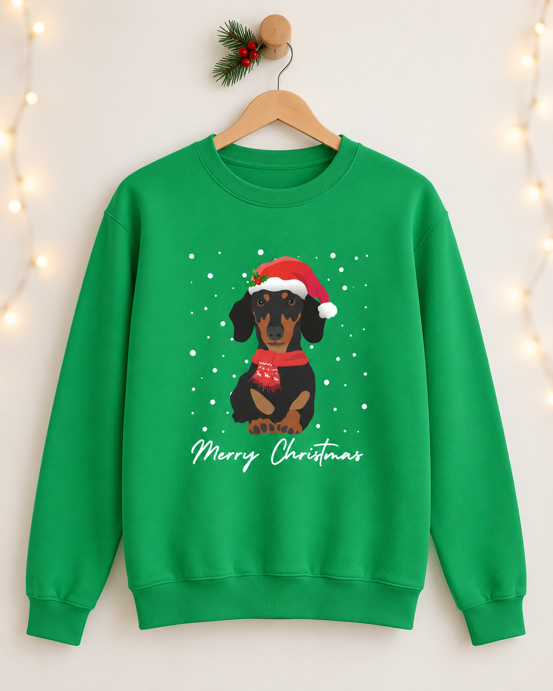 A unisex adults bright green crewneck sweatshirt hanging on a wooden hanger against a warm white wall with soft string lights. The sweatshirt features a graphic of a black and tan dachshund wearing a red Santa hat and scarf, with white snowflakes and the text 'Merry Christmas' below.