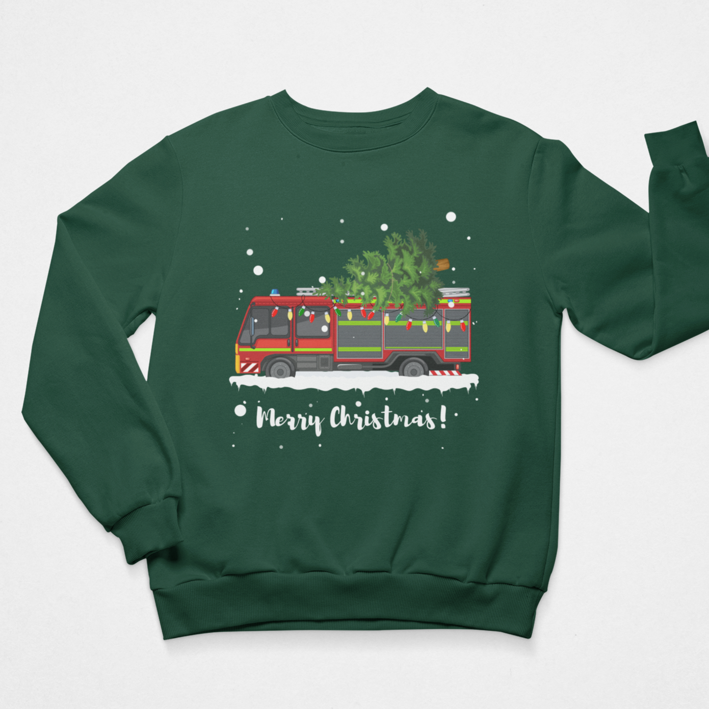 Adults dark green crewneck sweatshirt featuring a festive Christmas graphic of a red and green Christmas bus carrying a decorated tree, with 'Merry Christmas!' written below in white script.