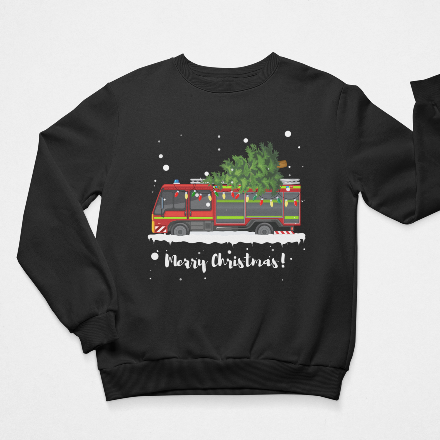 Adults black crewneck sweatshirt featuring a festive Christmas graphic of a red fire truck carrying a green Christmas tree, with snow and the text 'Merry Christmas!' printed below.