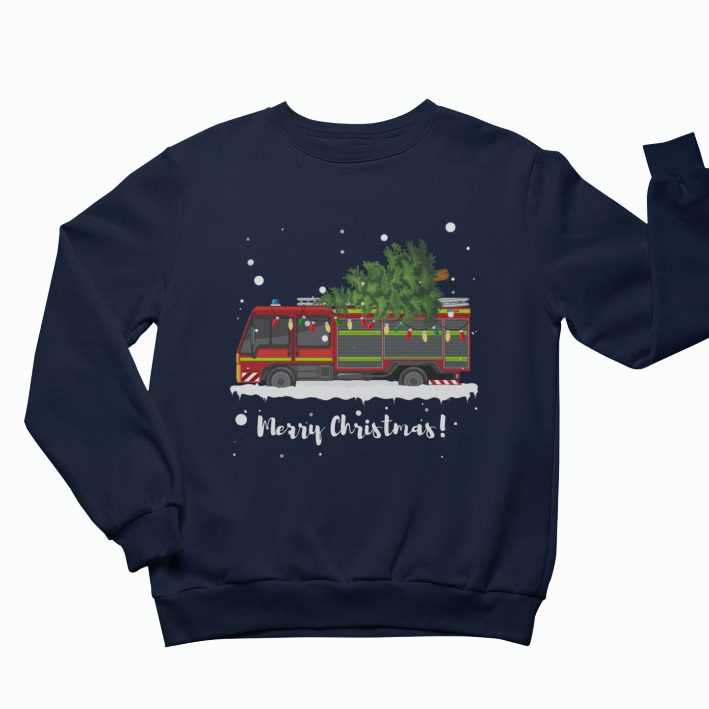 A unisex adults navy blue crewneck sweatshirt featuring a festive Christmas graphic of a red fire truck carrying a green Christmas tree, with 'Merry Christmas!' written below in white script, shown on a plain white background.
