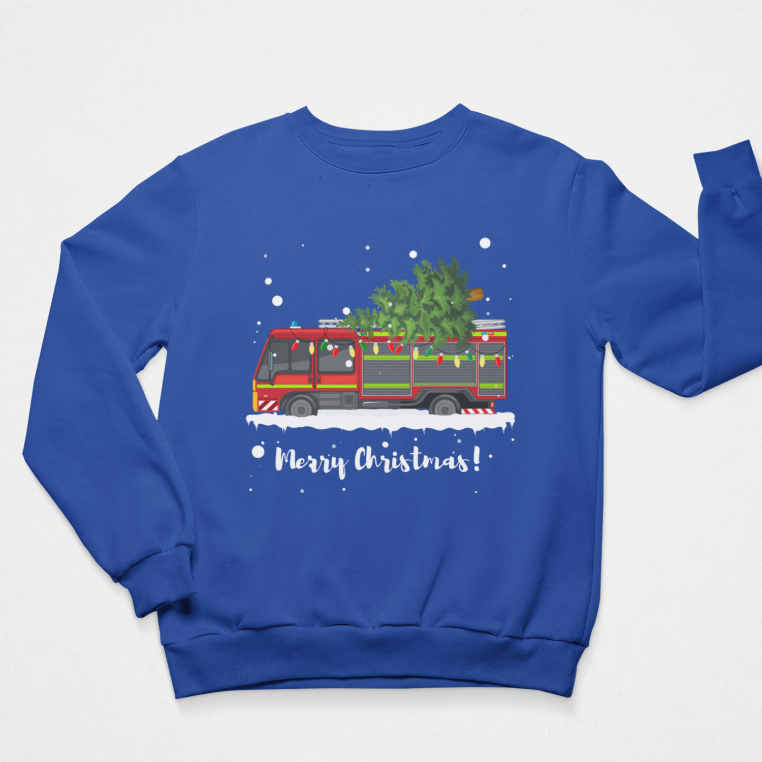 Adult royal blue Christmas fire engine sweatshirt featuring a festive fire truck carrying a Christmas tree through falling snow.
