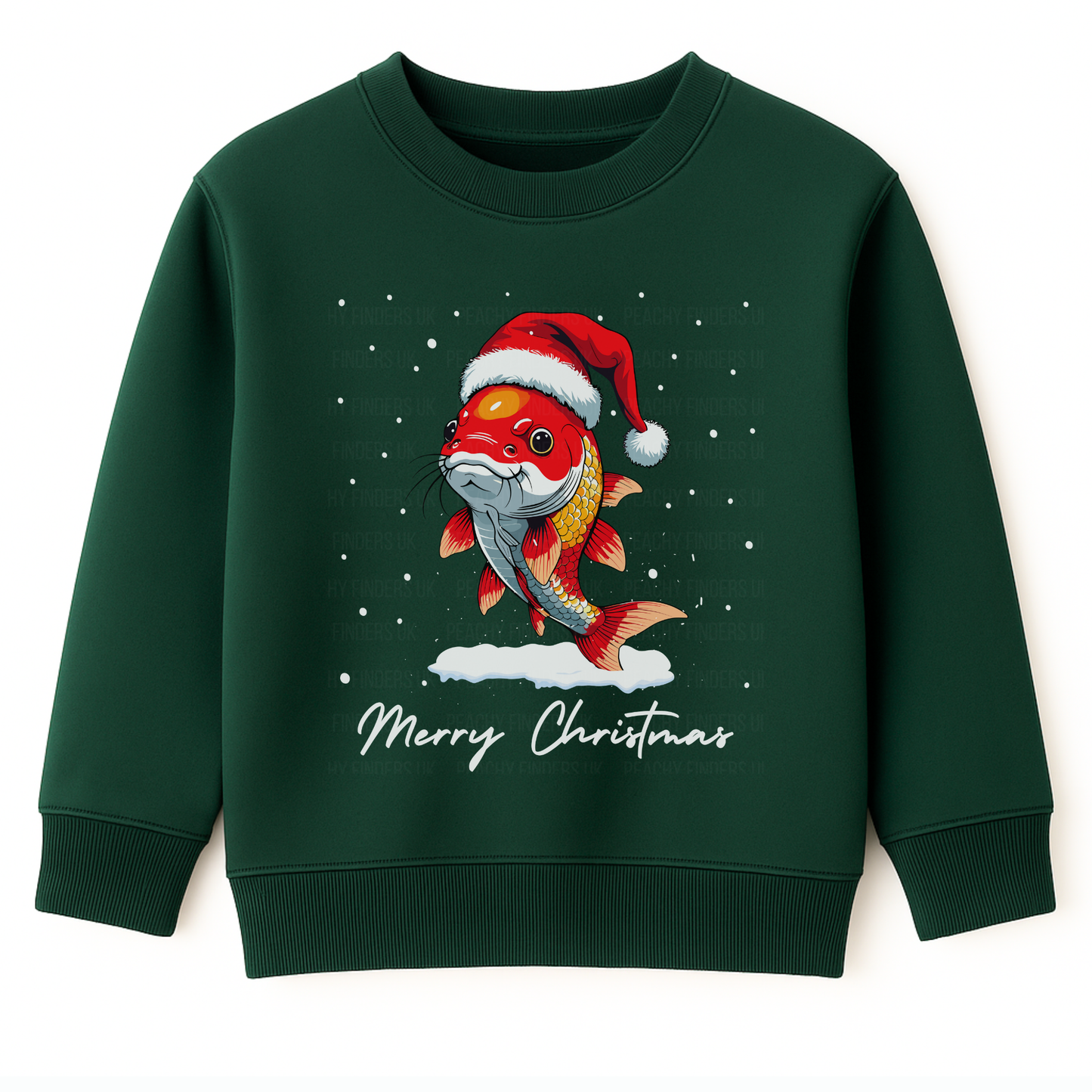 Kids dark green Christmas jumper featuring a festive koi carp wearing a Santa hat, surrounded by snowflakes. 