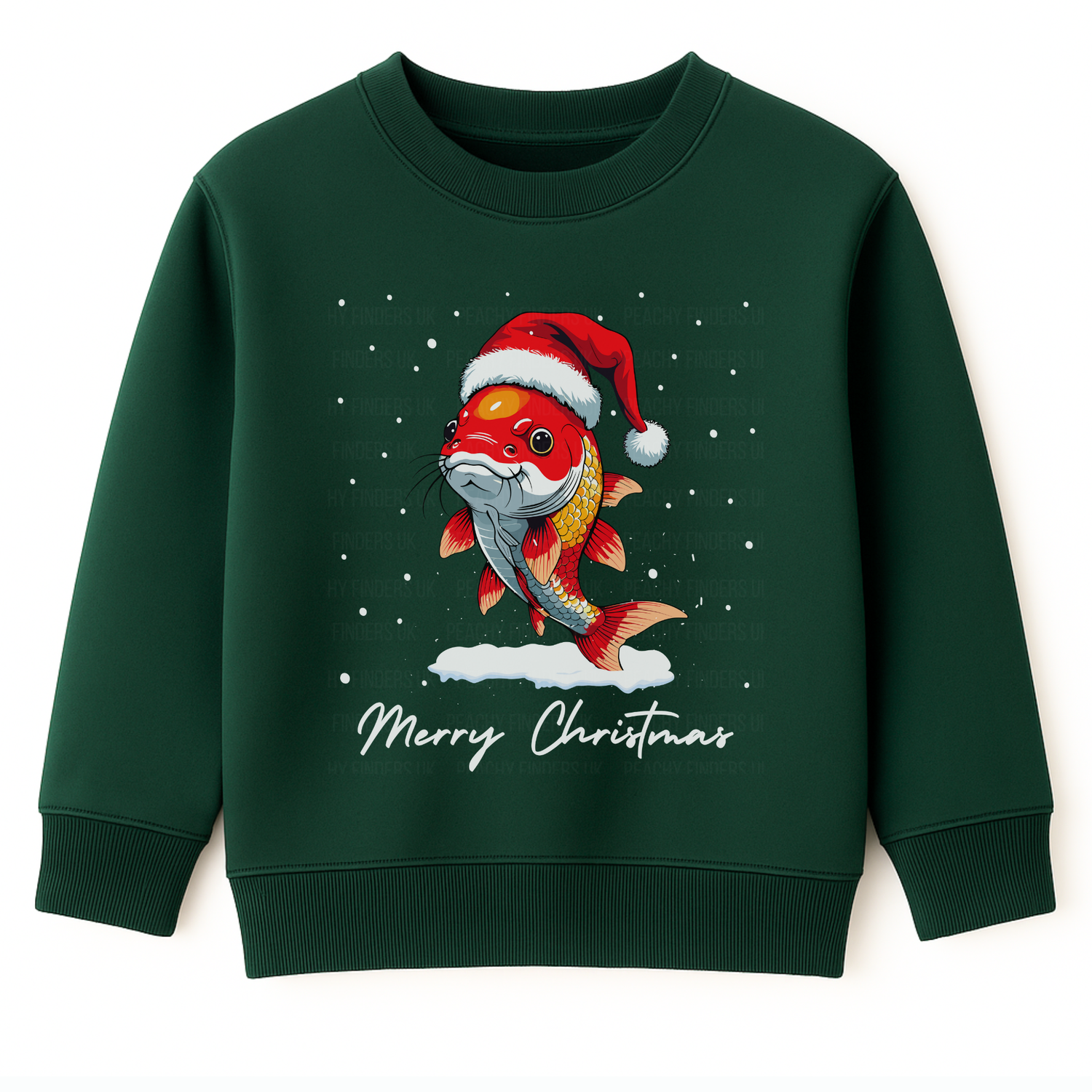 Kids dark green Christmas jumper featuring a festive koi carp wearing a Santa hat, surrounded by snowflakes. 