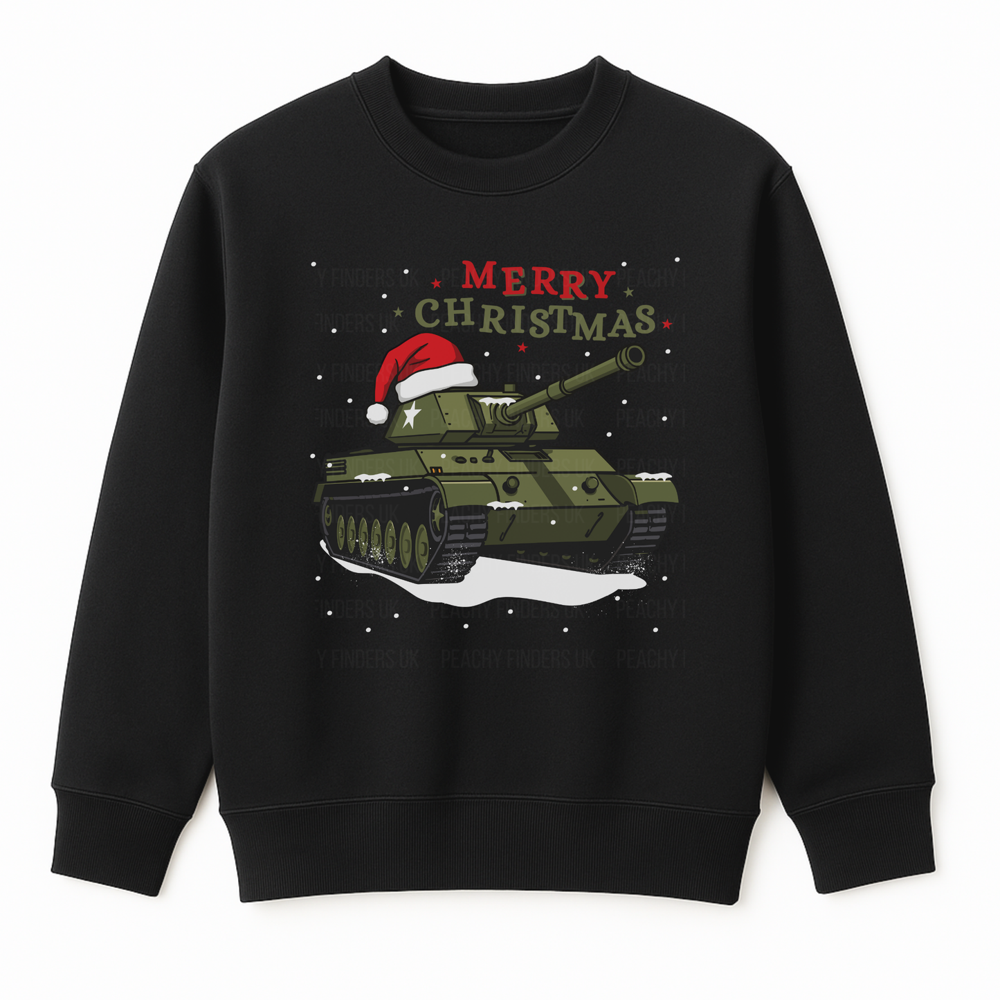 Adults black Christmas jumper featuring a military tank with a Santa hat and “Merry Christmas” text.