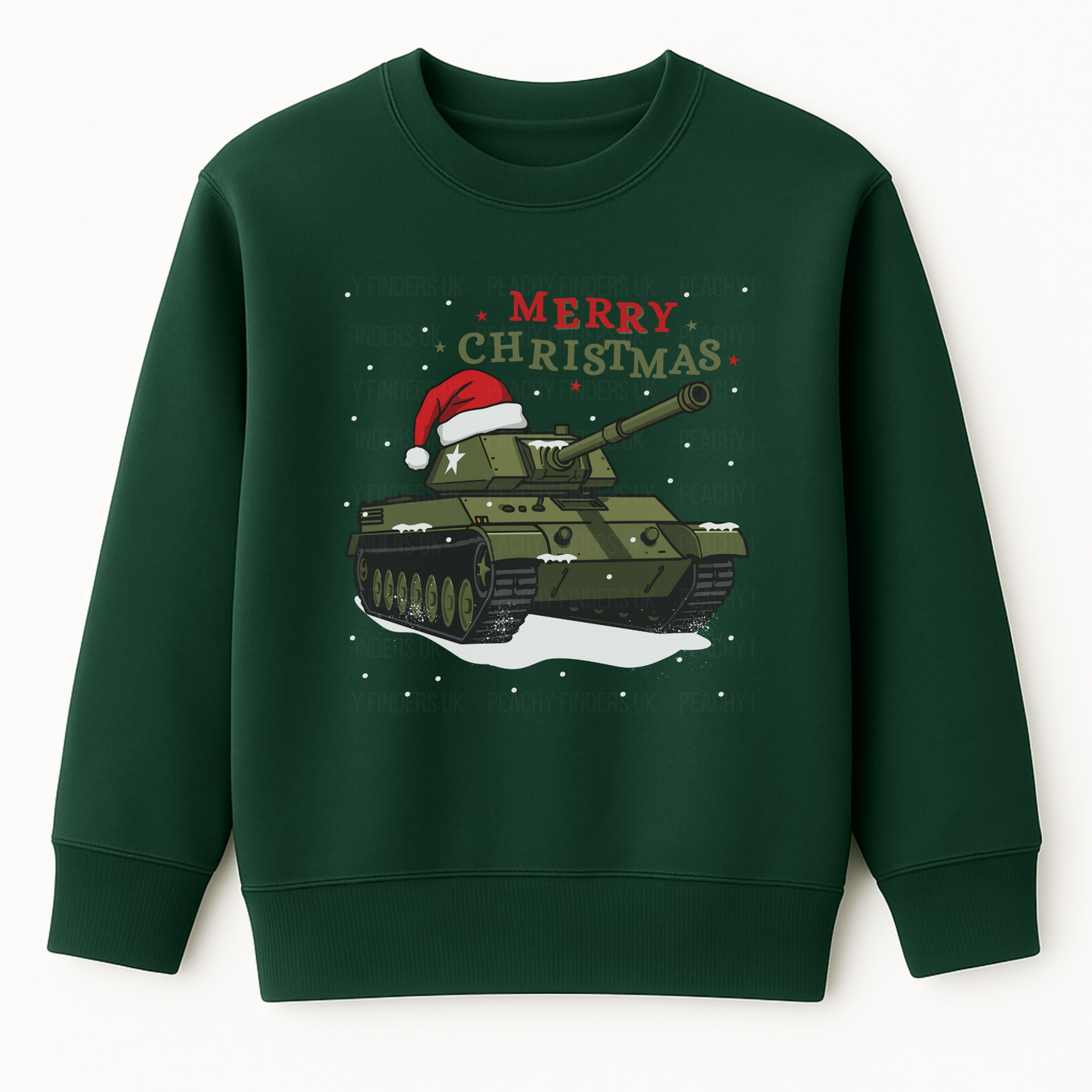 Adults dark green Christmas jumper featuring a military tank with a Santa hat and “Merry Christmas” text.