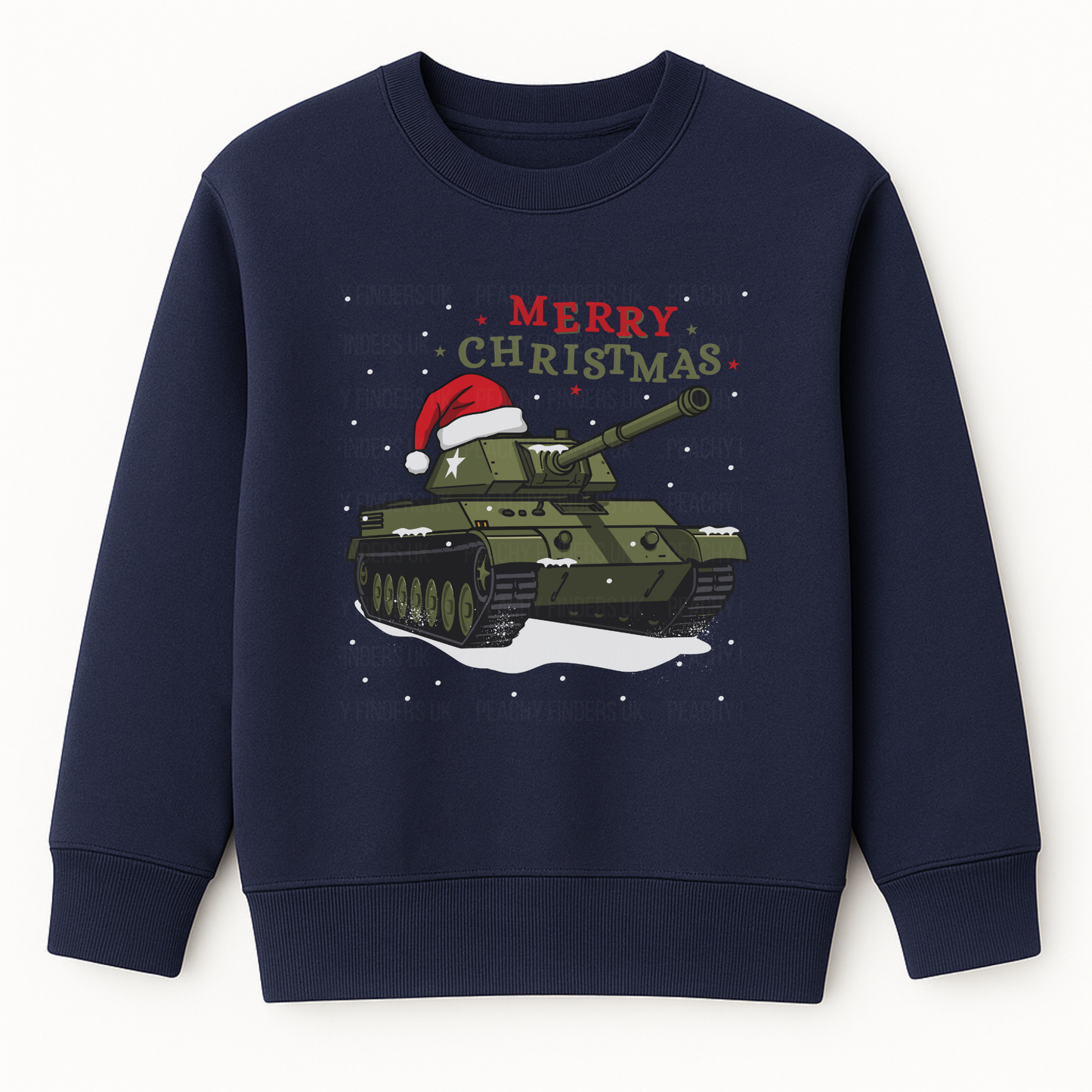 Adults navy Christmas jumper featuring a military tank with a Santa hat and “Merry Christmas” text.