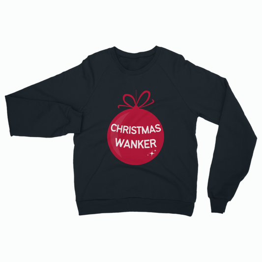 Navy novelty Christmas sweatshirt with red bauble “Christmas Wanker” festive slogan