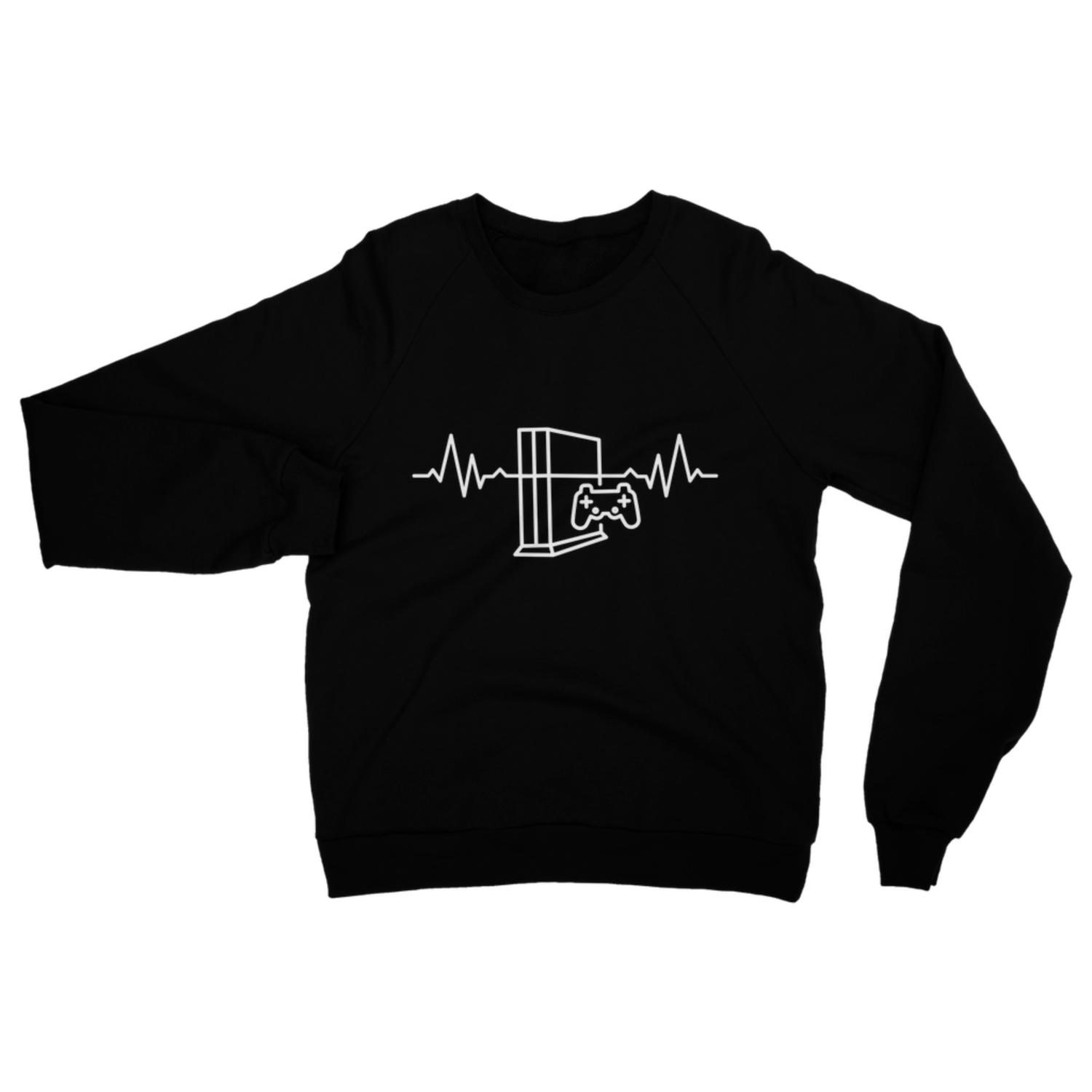 Deep black adult gaming sweatshirt laid flat, with a white heartbeat line, console and controller graphic