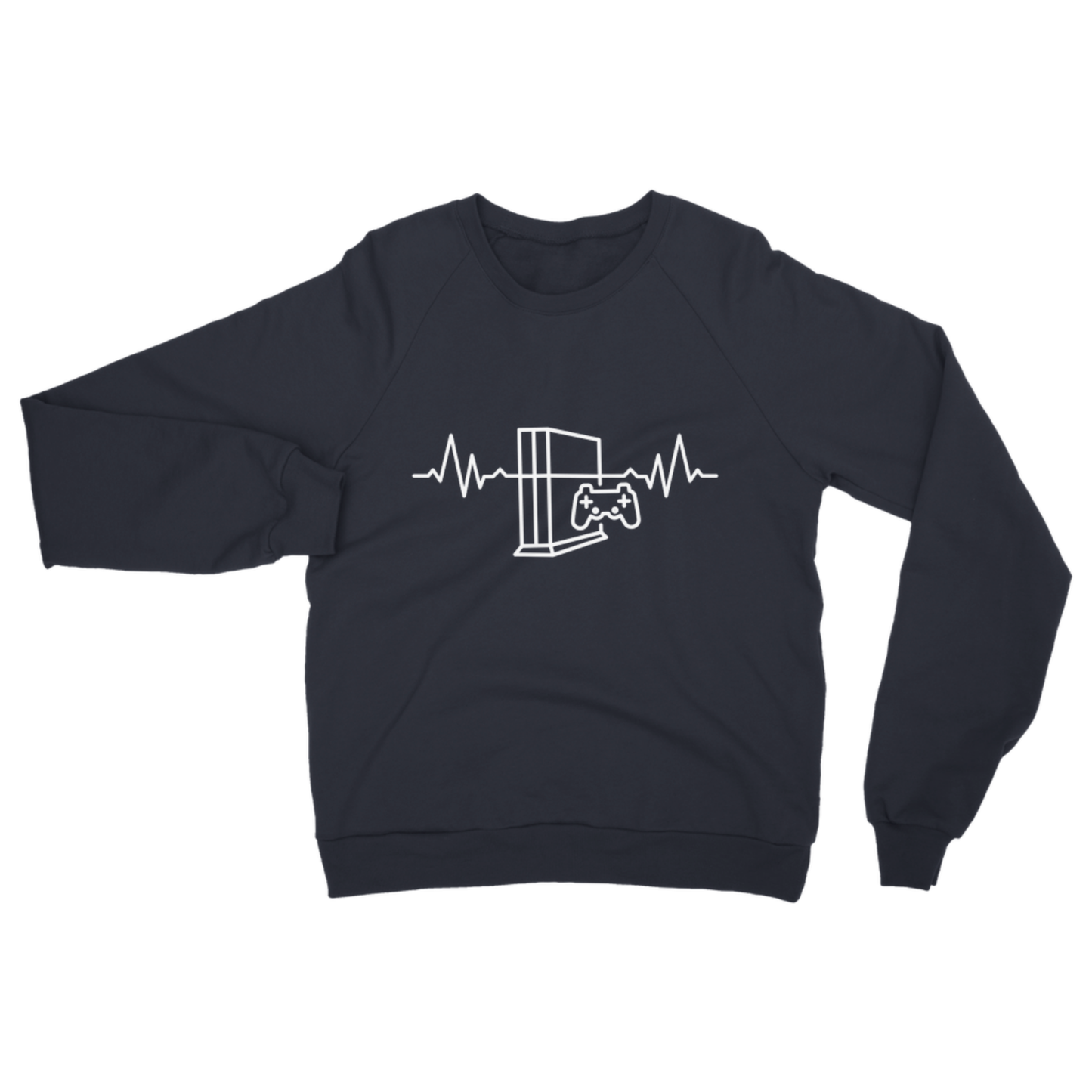 Navy adult sweatshirt laid flat with a minimal white gaming controller and heartbeat print
