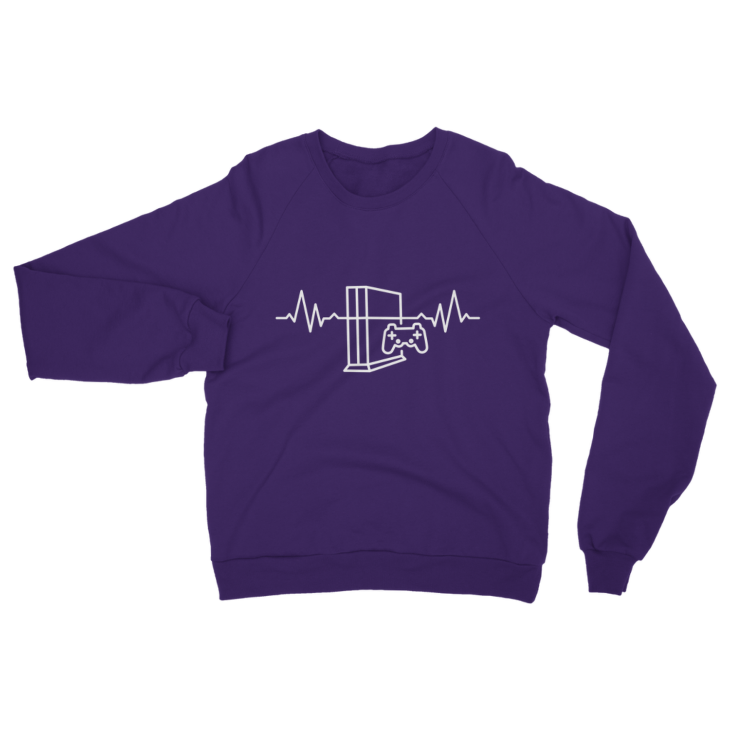 Purple gaming sweatshirt featuring a white heartbeat line running through a console and controller illustration