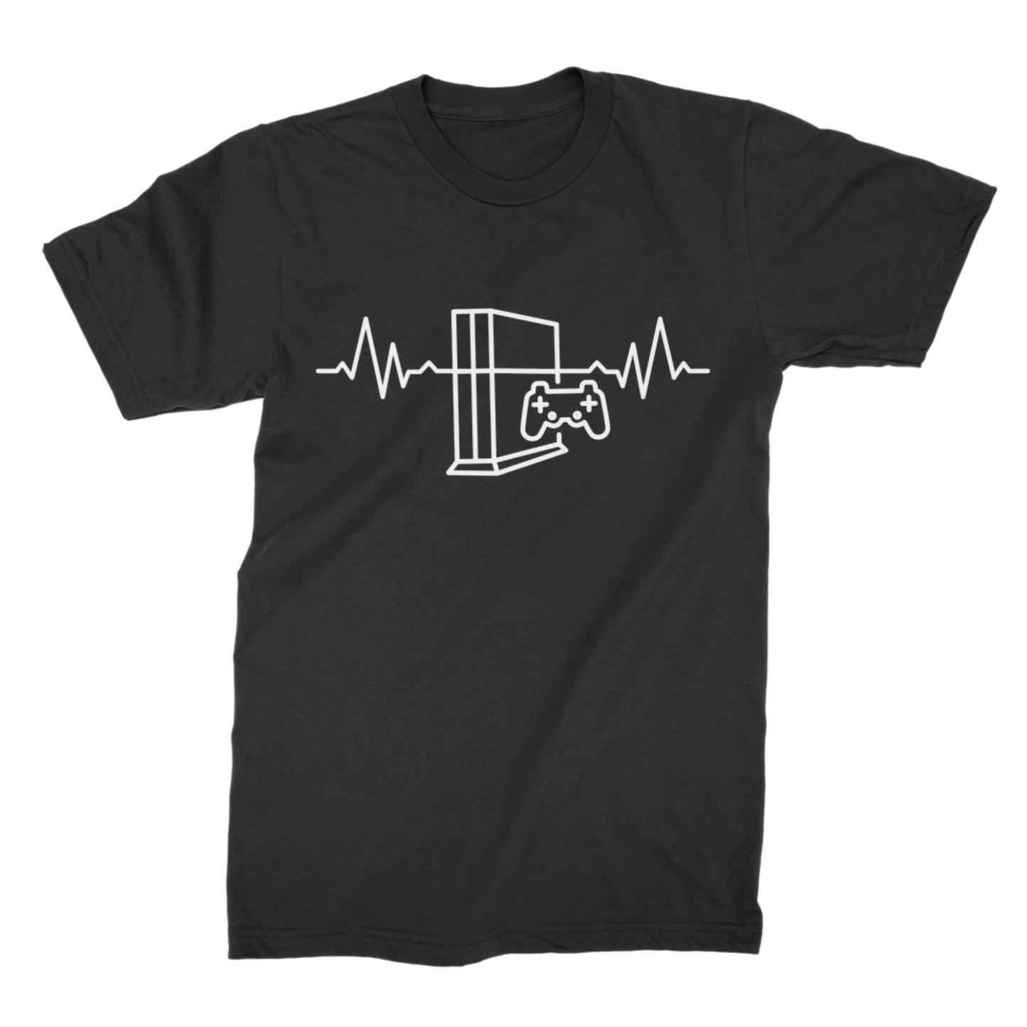 Black unisex T-shirt with a white gaming console, controller and heartbeat line design