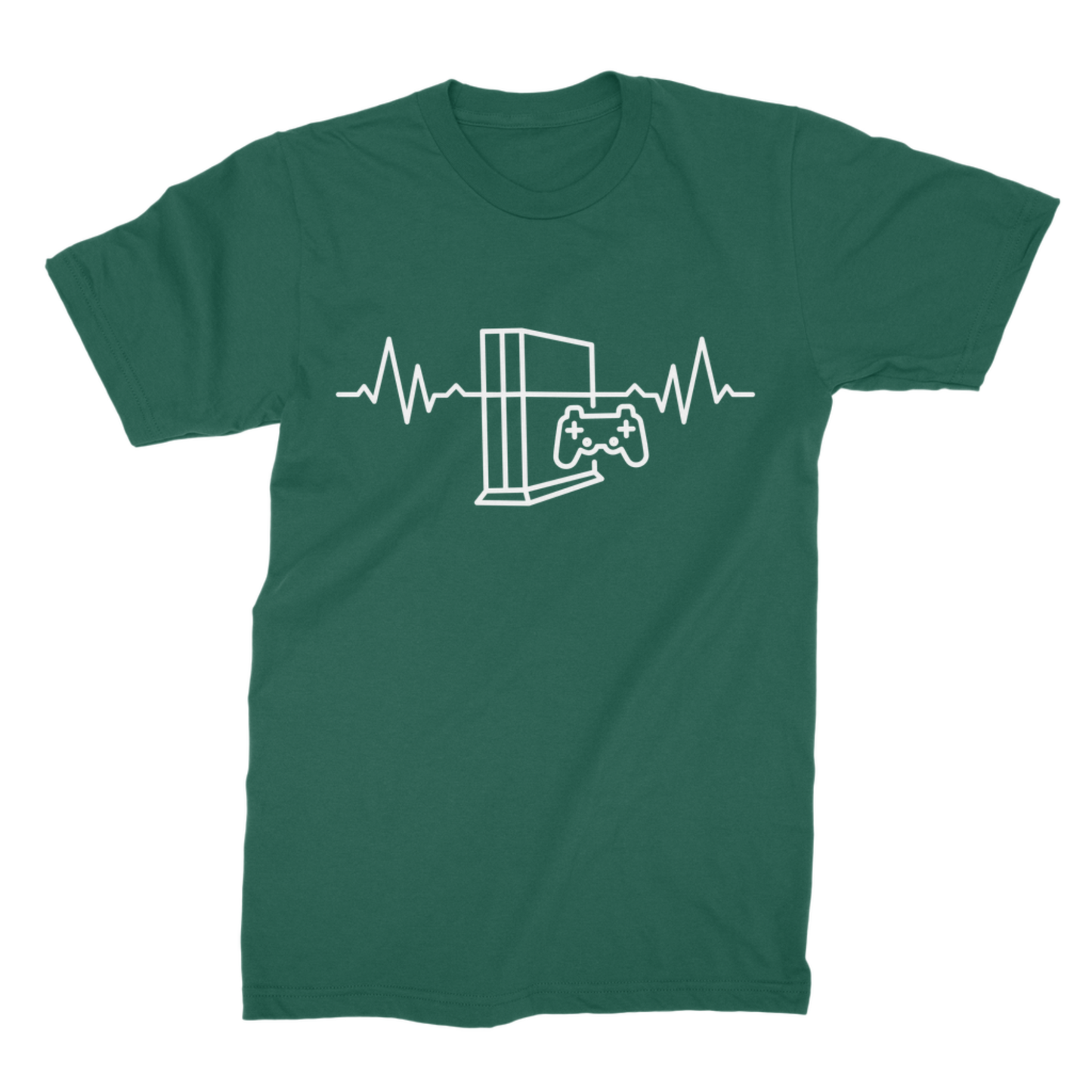 Dark green unisex T-shirt with a white gaming console, controller and heartbeat graphic