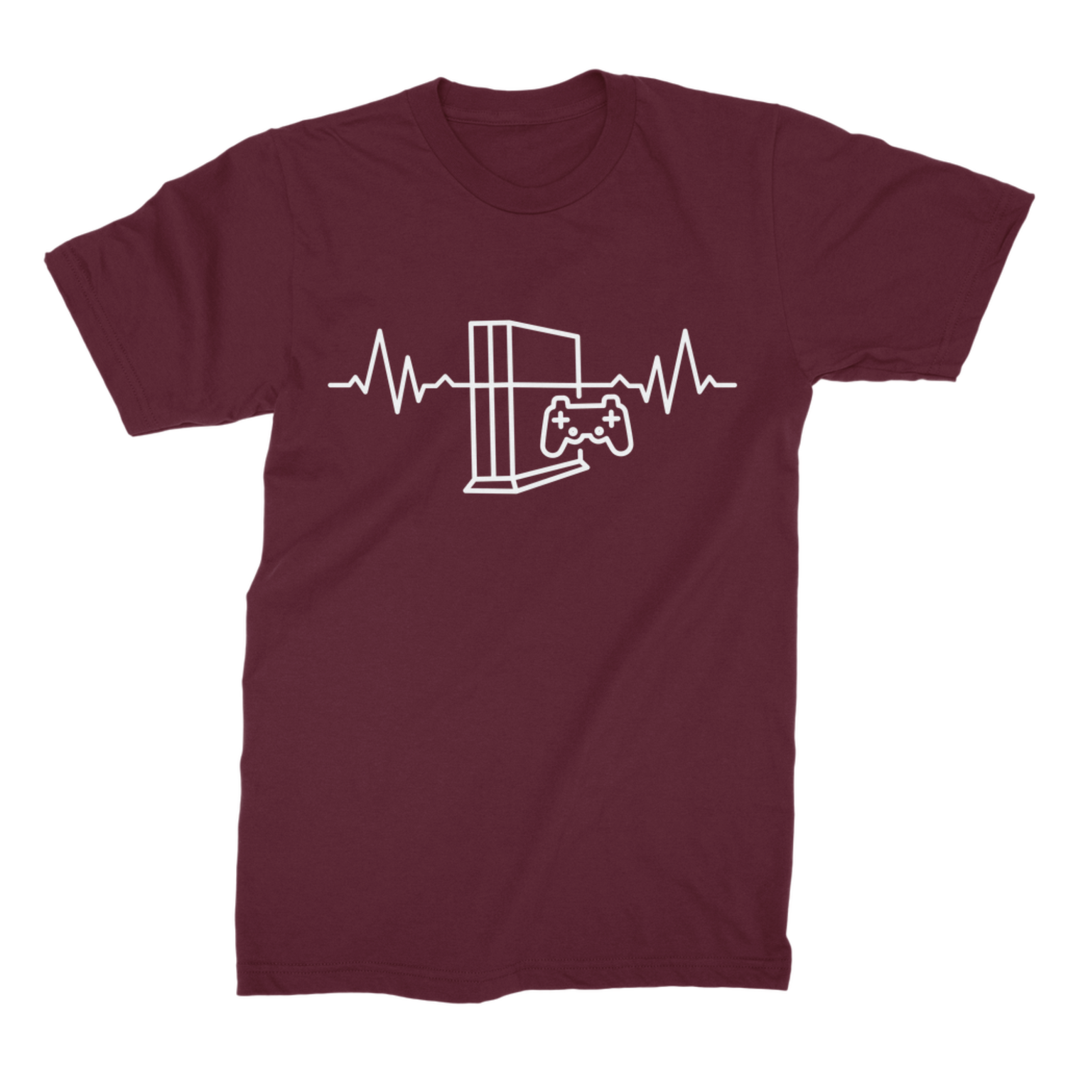 Maroon unisex T-shirt featuring a white gaming console, controller and heartbeat line