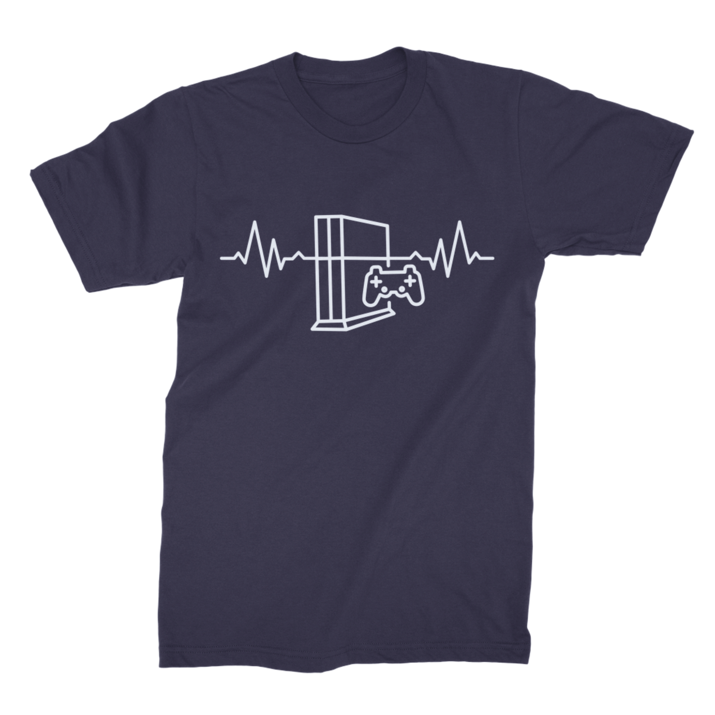 Navy unisex T-shirt with a white gaming heartbeat, console and controller design