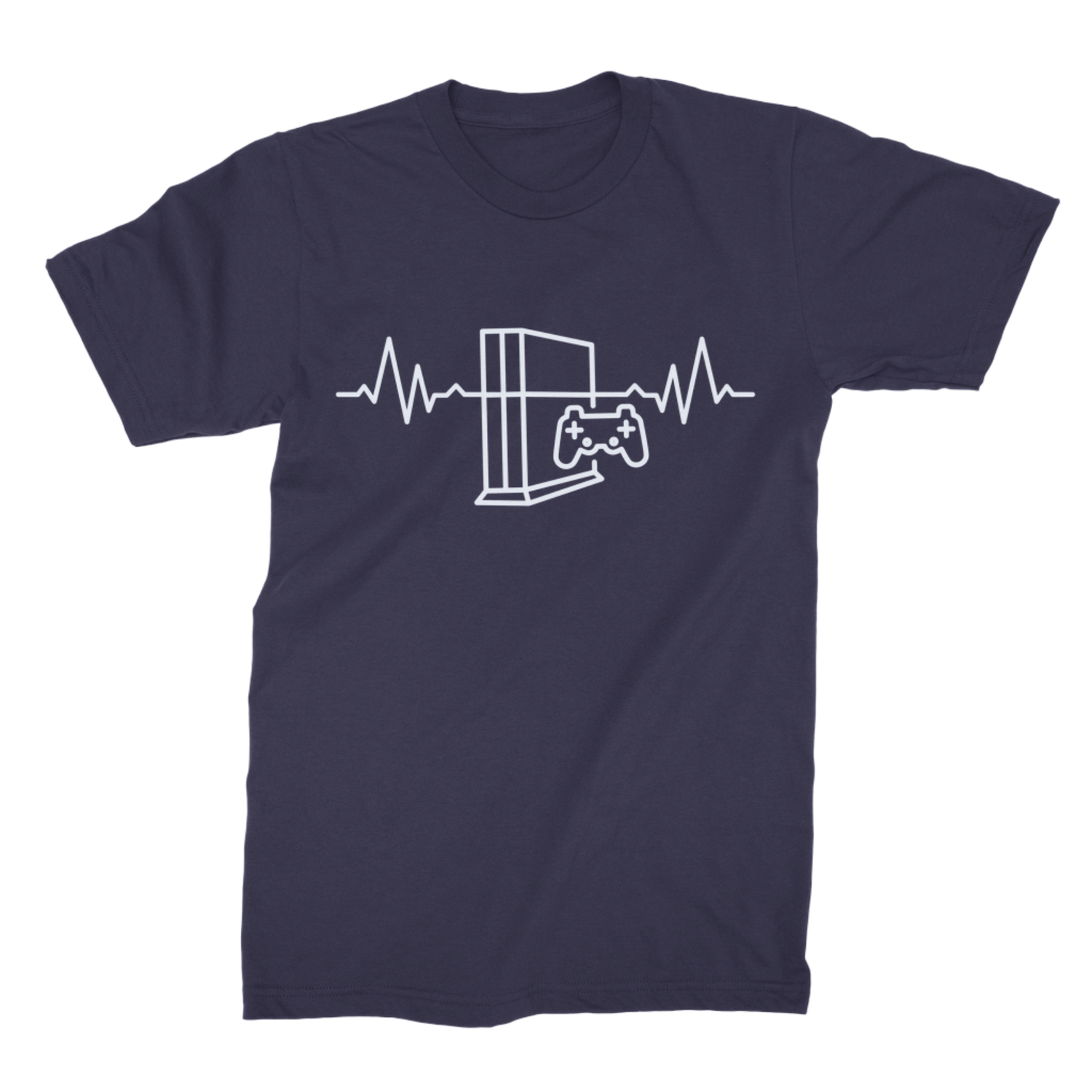 Navy unisex T-shirt with a white gaming heartbeat, console and controller design