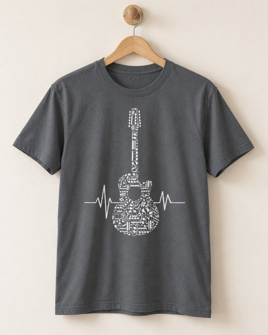 Grey guitar and heartbeat T-shirt hanging from a wooden hanger on a wooden wall hook, with white musical symbols forming the guitar.