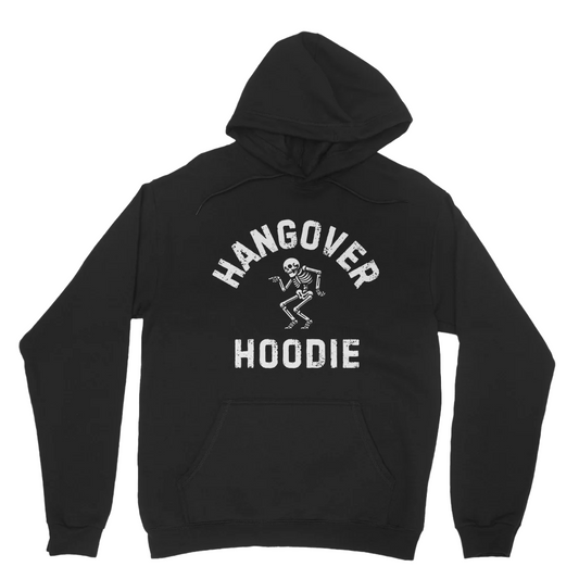 Black pullover hoodie with a white “Hangover Hoodie” slogan and dancing skeleton graphic printed on the front.
