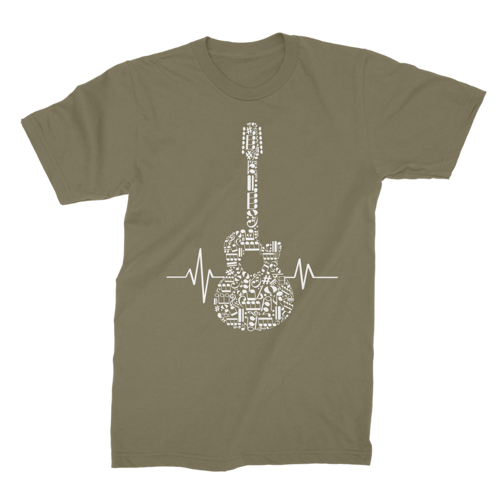 Adult army green heartbeat guitar music graphic t-shirt laid flat on a plain background