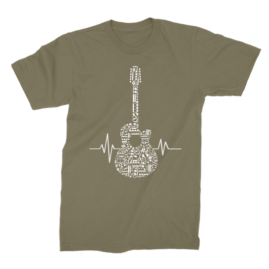 Adult army green heartbeat guitar music graphic t-shirt laid flat on a plain background