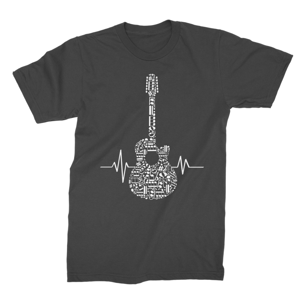 Adult black heartbeat guitar music graphic t-shirt laid flat on a plain background