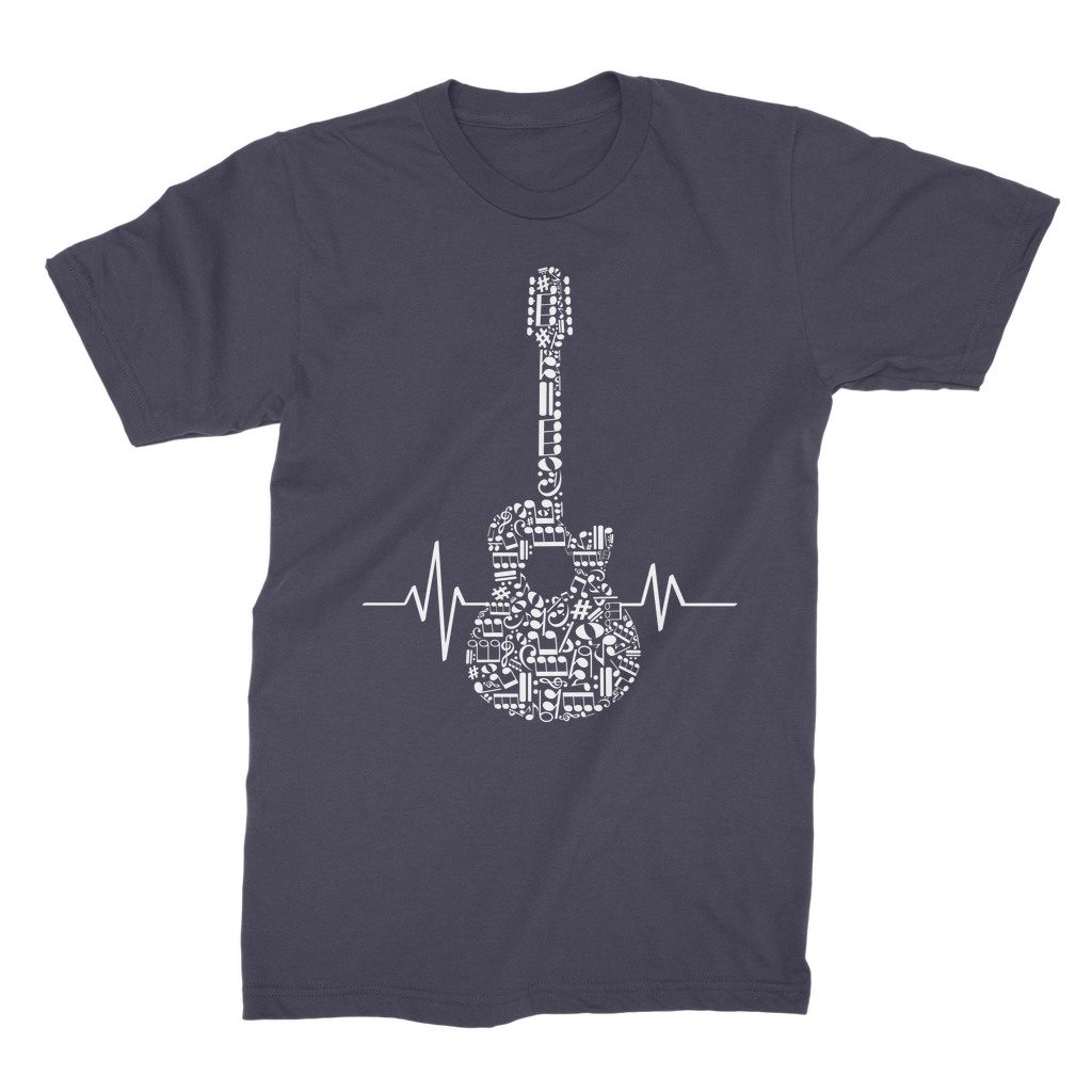 Adult navy heartbeat guitar music graphic t-shirt laid flat on a plain background