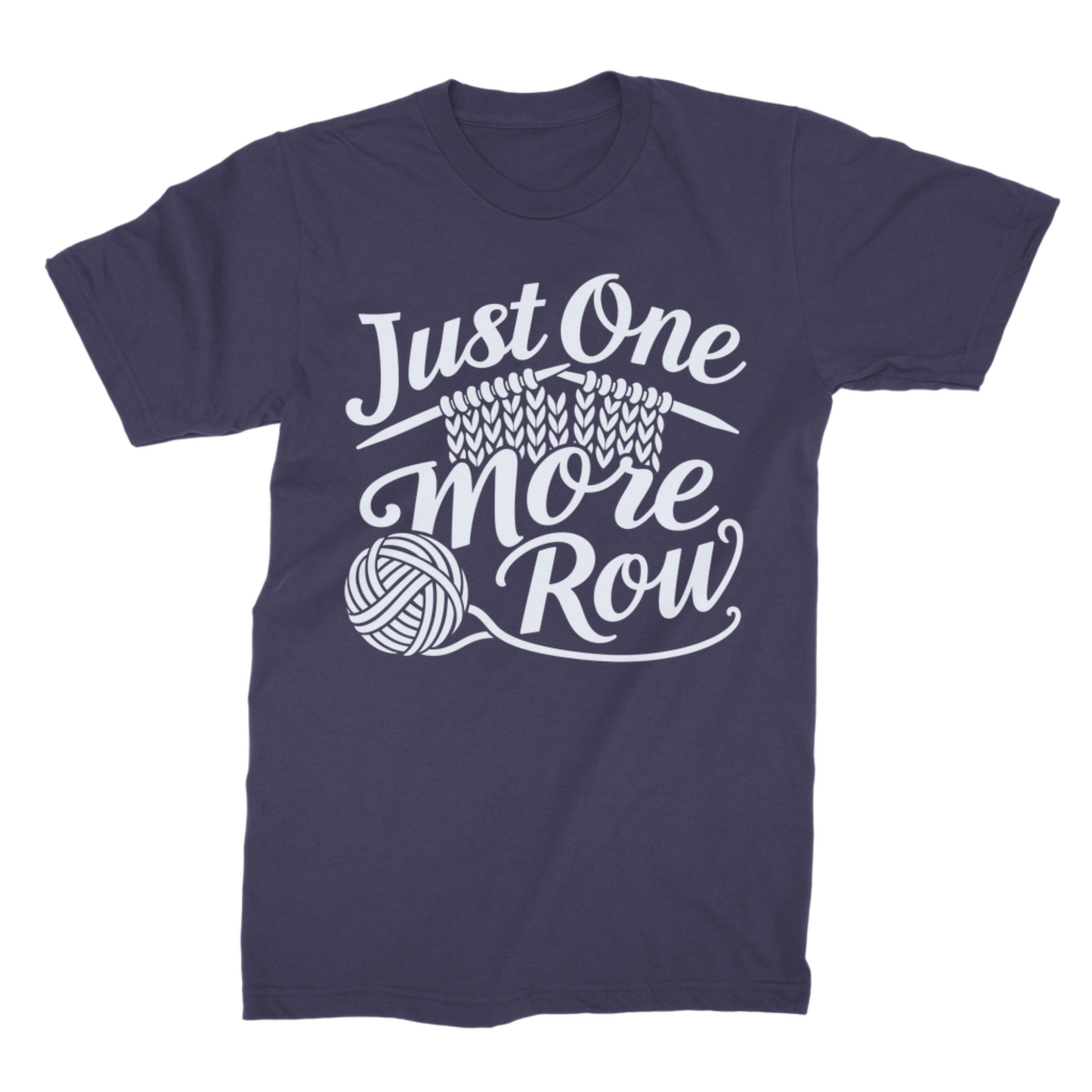 Navy cotton t-shirt featuring a white graphic design with a ball of wool and the phrase "Just One More Row".
