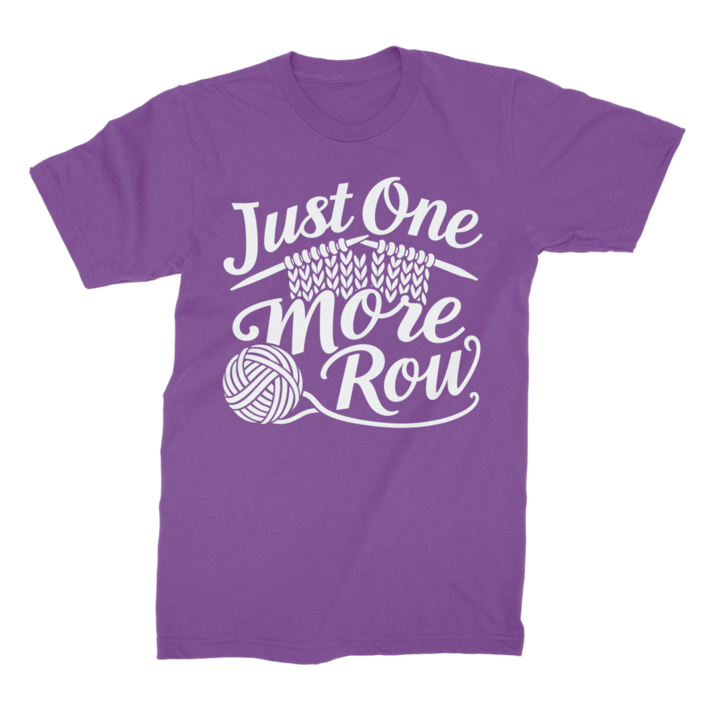 Adults royal purple crew neck t-shirt featuring a white graphic design with a ball of wool and the phrase "Just One More Row".