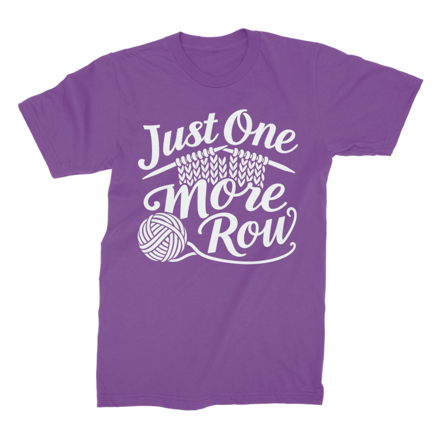 Adults royal purple crew neck t-shirt featuring a white graphic design with a ball of wool and the phrase "Just One More Row".
