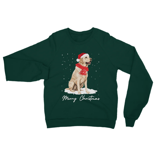 Dark green adult Christmas jumper featuring a golden Labrador wearing a Santa hat and red festive scarf with snowy background and “Merry Christmas” text.