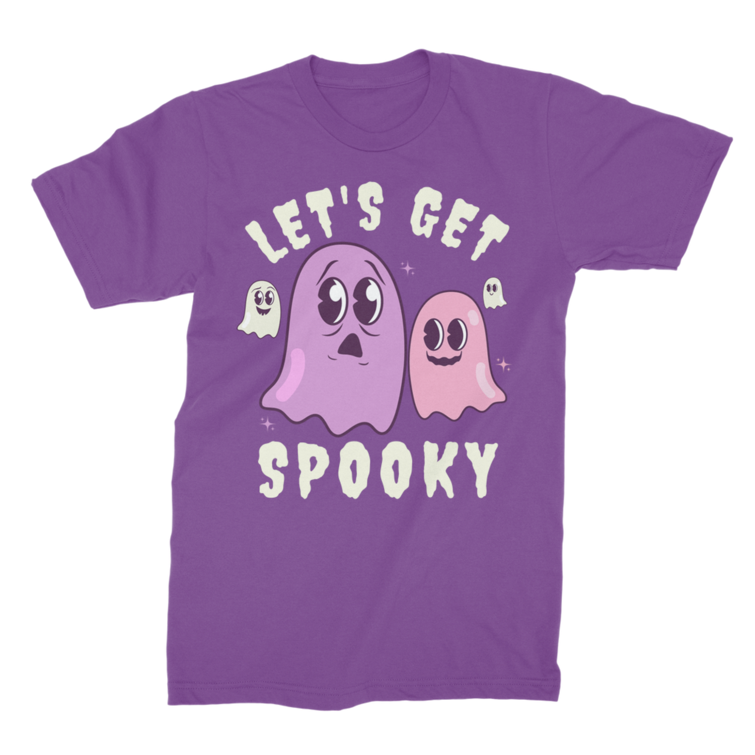 Royal purple adult Halloween T-shirt laid flat, featuring four cartoon ghosts, pink sparkles and cream “Let’s Get Spooky” lettering.