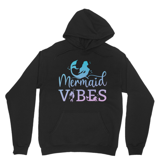 Black pullover hoodie with “Mermaid Vibes” mermaid graphic print on the front