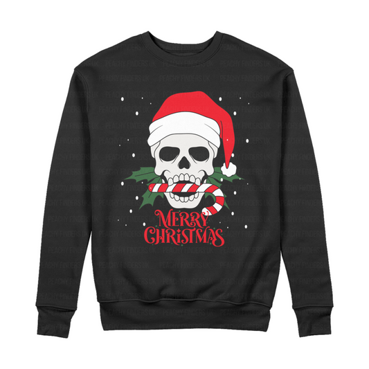 Black organic cotton Christmas sweatshirt featuring a skull in a Santa hat biting a candy cane with “Merry Christmas” gothic text