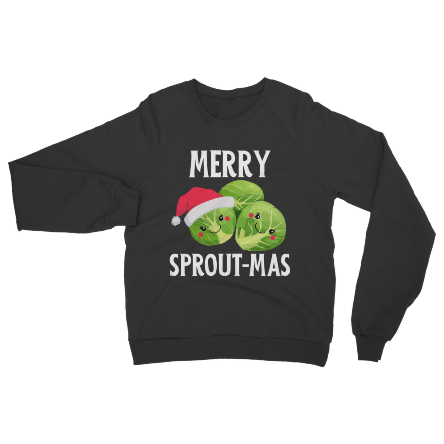 “Merry Sprout-mas” black Christmas sweatshirt with cute Brussels sprouts with little faces and Santa hat design.