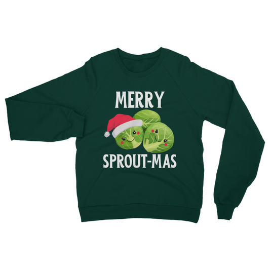 Dark green “Merry Sprout-mas” Christmas sweatshirt with cute Brussels sprouts with little faces and Santa hat design.