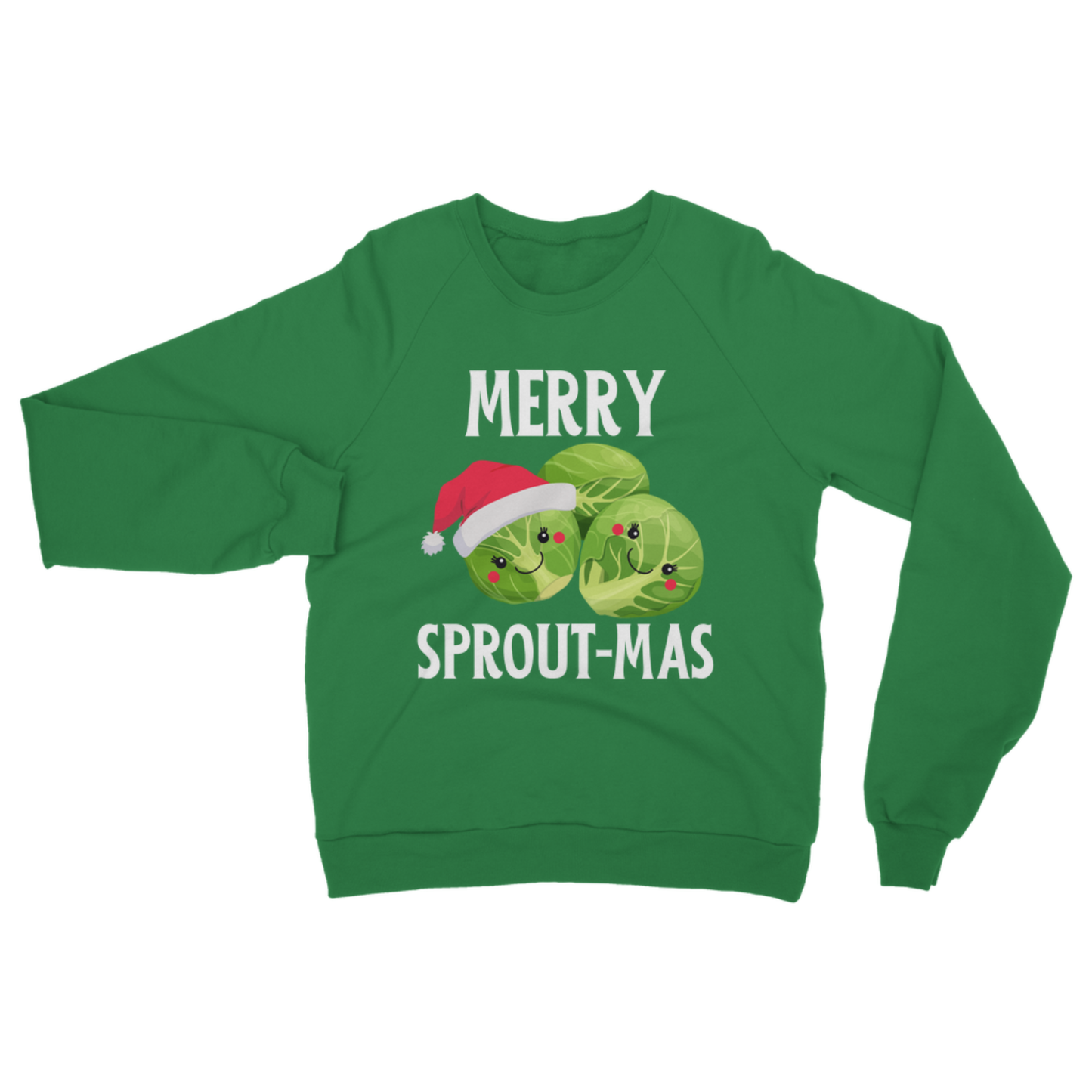 Kelly green “Merry Sprout-mas” Christmas sweatshirt with cute Brussels sprouts with little faces and Santa hat design.