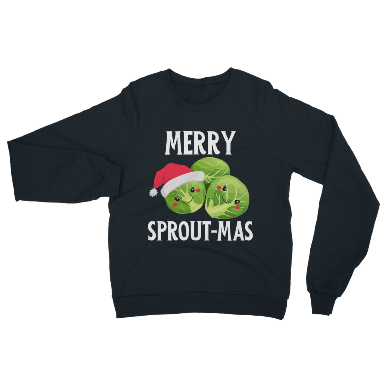Navy “Merry Sprout-mas” Christmas sweatshirt with cute Brussels sprouts with little faces and Santa hat design.
