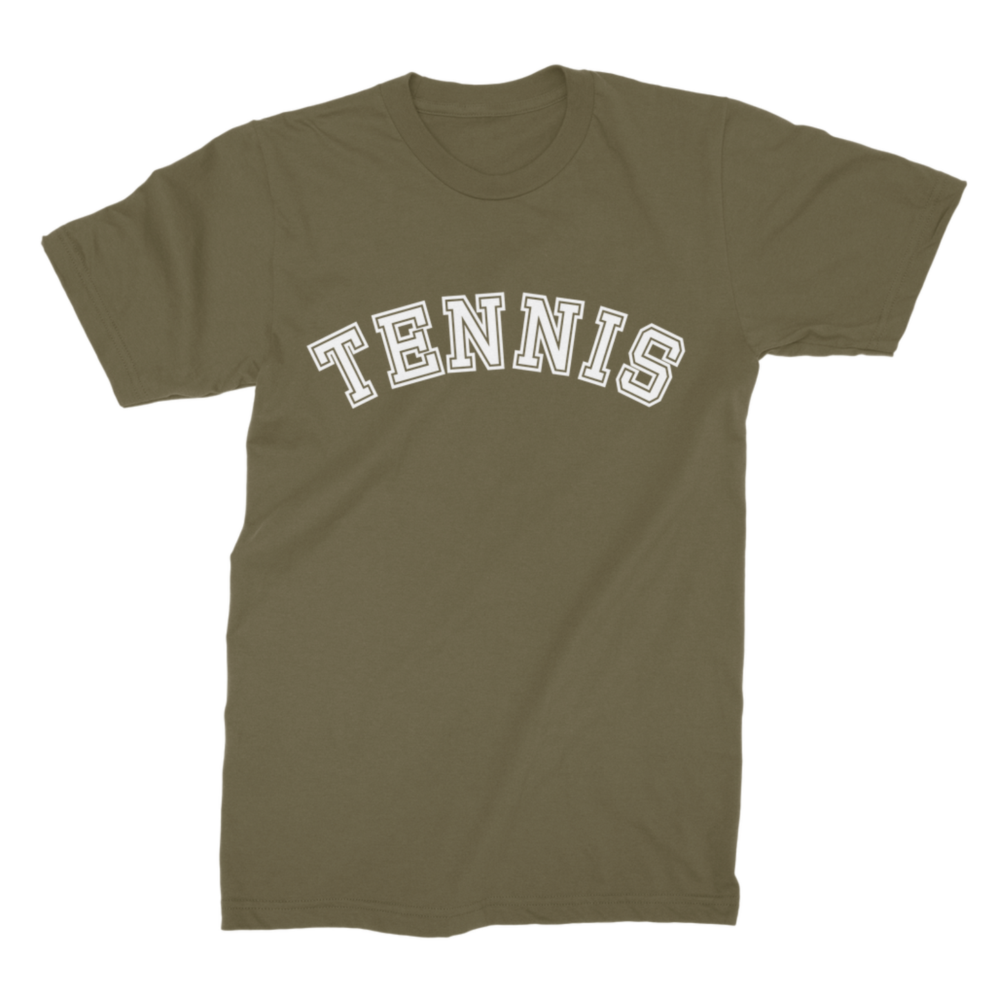 Military green adult T-shirt with a white varsity-style Tennis slogan across the chest.