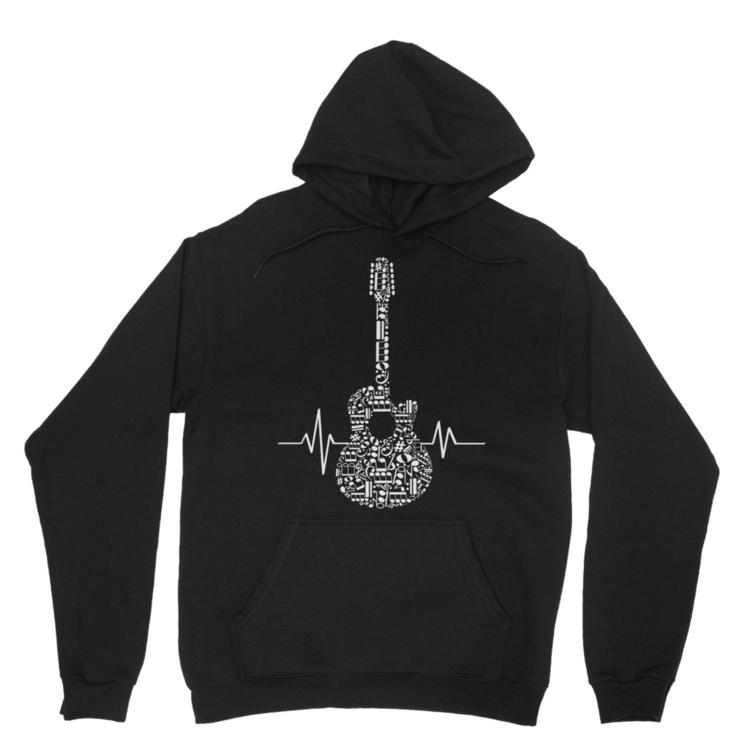 Black adult hoodie featuring a guitar made from musical notes with a heartbeat line.