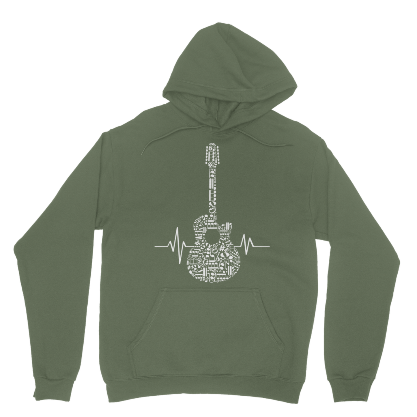 Earthy green adult hoodie featuring a guitar made from musical notes with a heartbeat line.