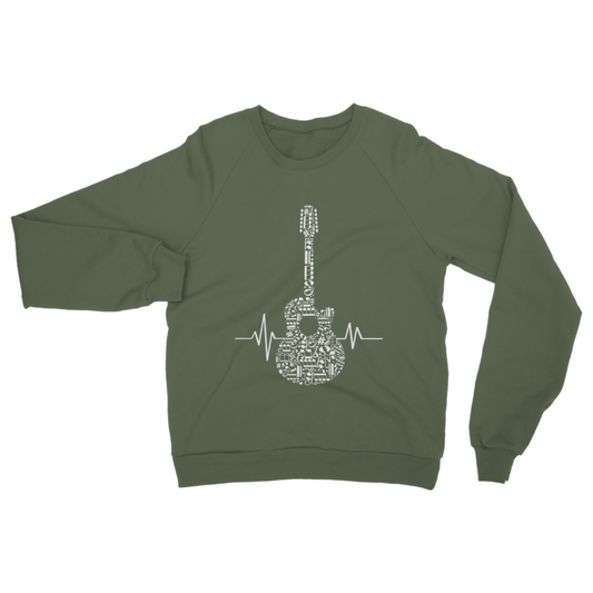 Adults earthy green sweatshirt featuring a musical-note guitar and heartbeat design.