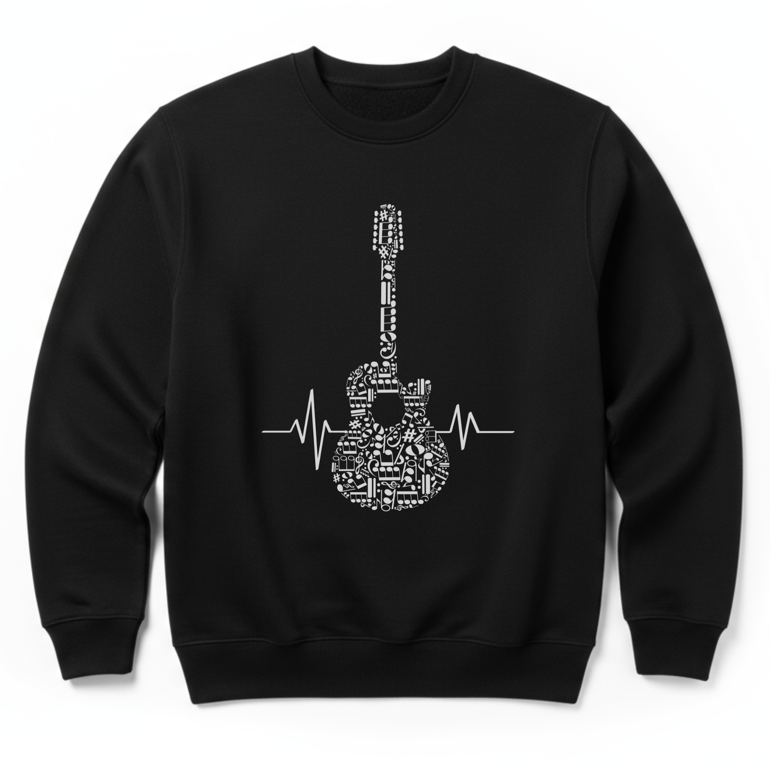 A black sweatshirt with a graphic of a guitar and heartbeat line design on the front.