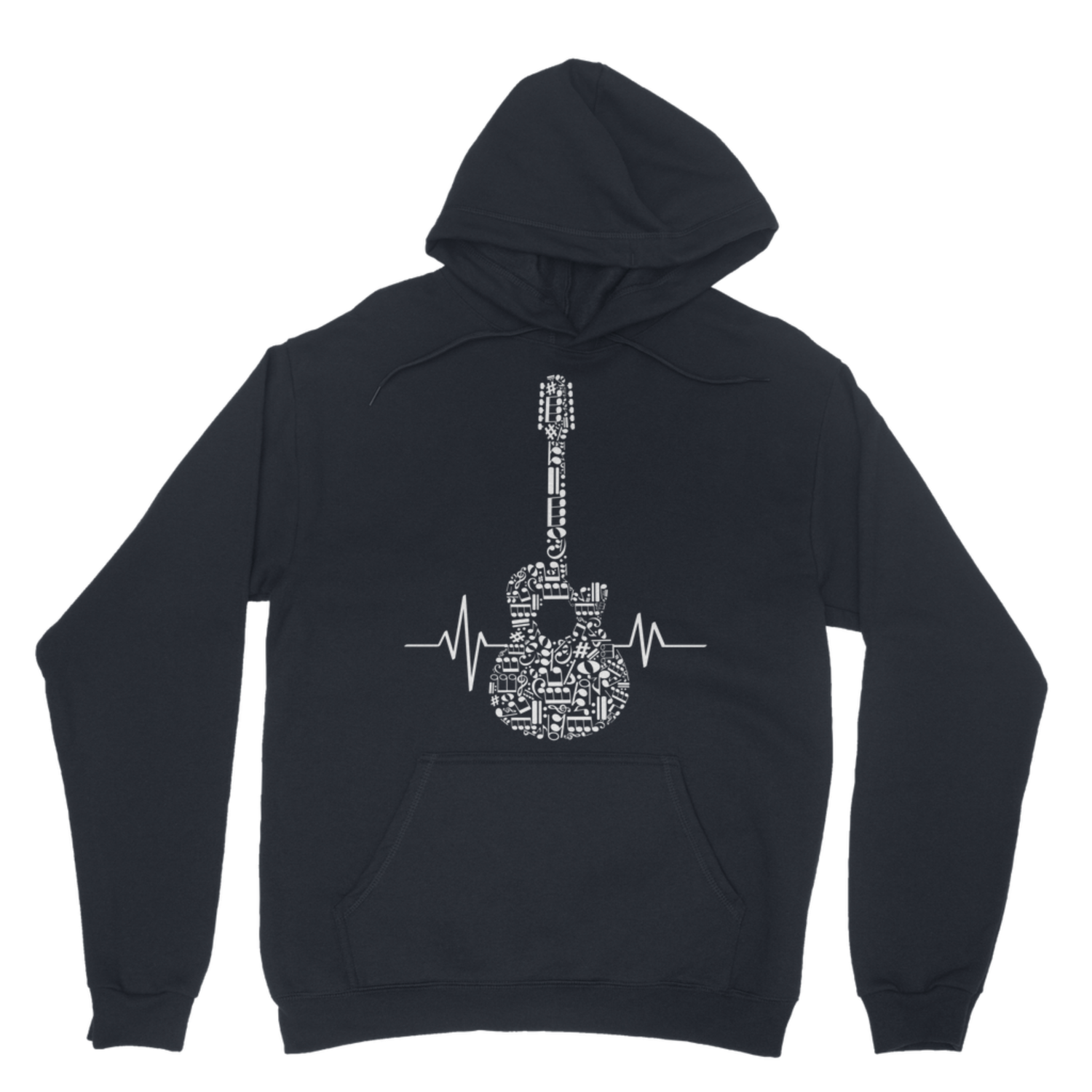 Navy adult pullover hoodie featuring a guitar made from musical notes with a heartbeat line.