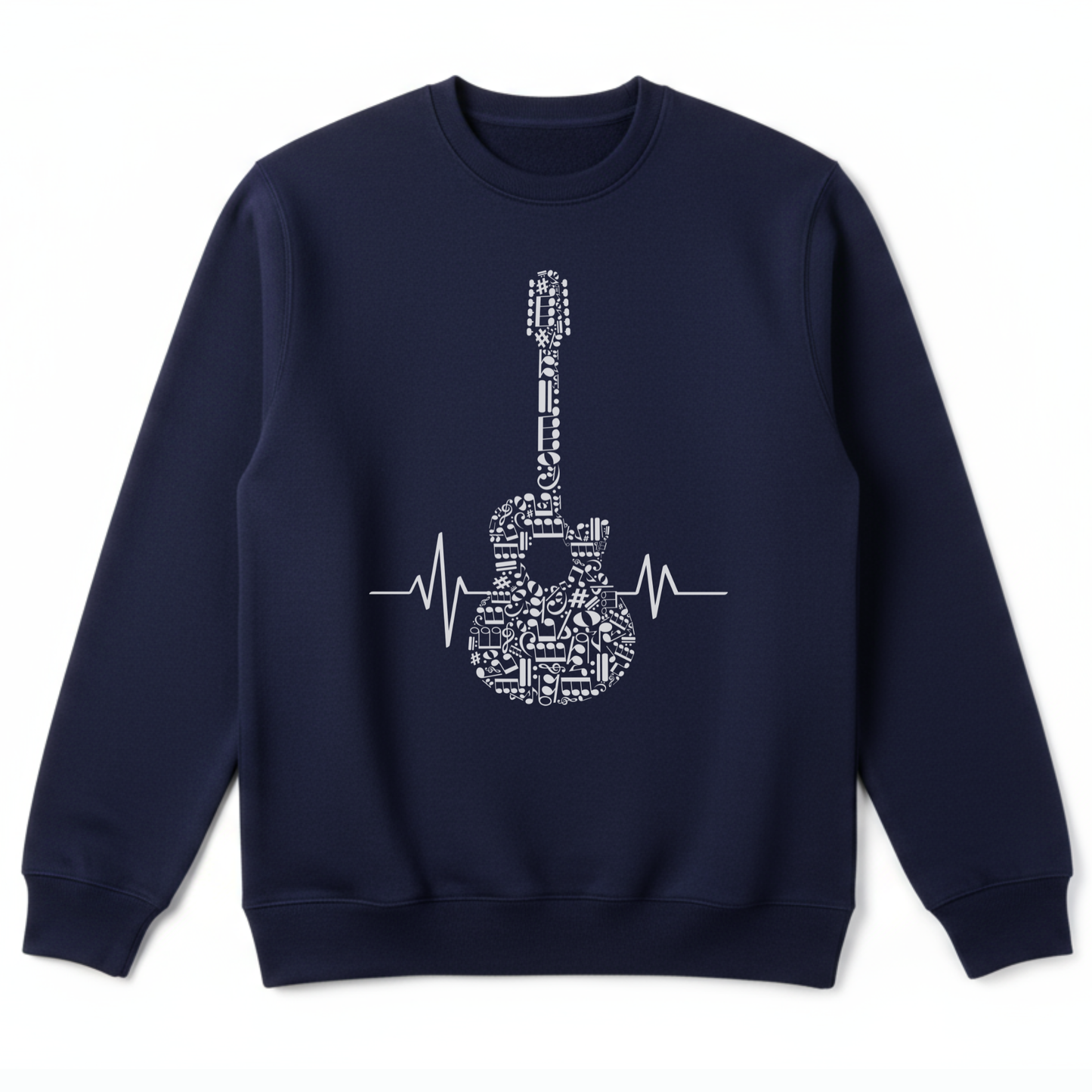 A navy blue sweatshirt featuring a white graphic of an acoustic guitar silhouette filled with various musical notes and symbols. A white heartbeat line extends horizontally from both sides of the guitar.