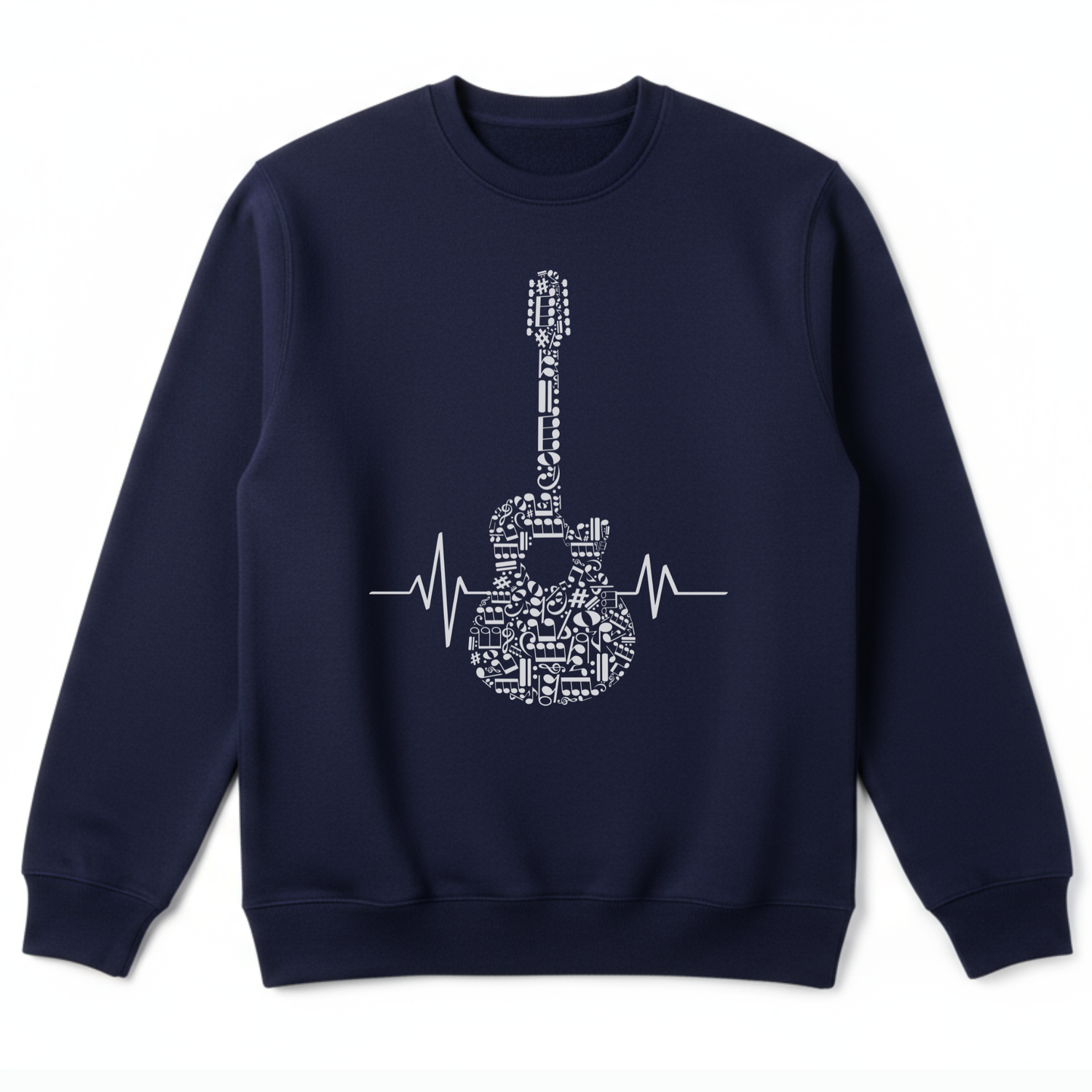 A navy blue sweatshirt featuring a white graphic of an acoustic guitar silhouette filled with various musical notes and symbols. A white heartbeat line extends horizontally from both sides of the guitar.